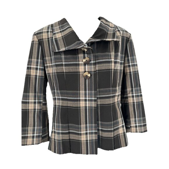 Isaac Mizrahi for Target Jacket Cropped Brown Plaid Cotton 3/4 Sleeve Lined 10 - Picture 1 of 12